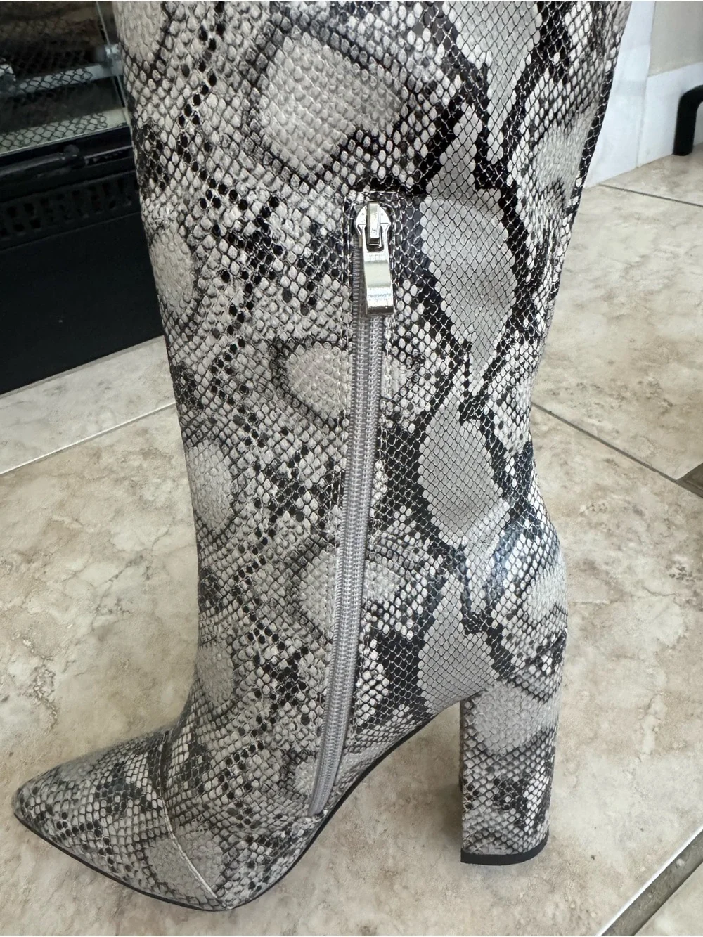 Over-the-Knee Snake-Print Pointed Toe Boots - Gray